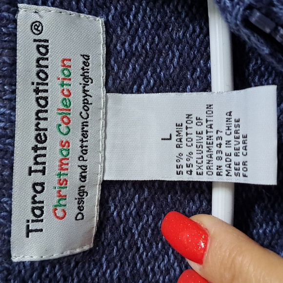 Tiara International Blue Heathered Beaded/Gem Christmas Zip-Up Sweater. Sz Large - Picture 8 of 9